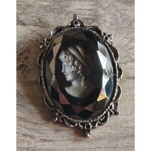 Vtg Black Glass Reverse Cameo Brooch Pin Pendant Victorian Lady Pewter